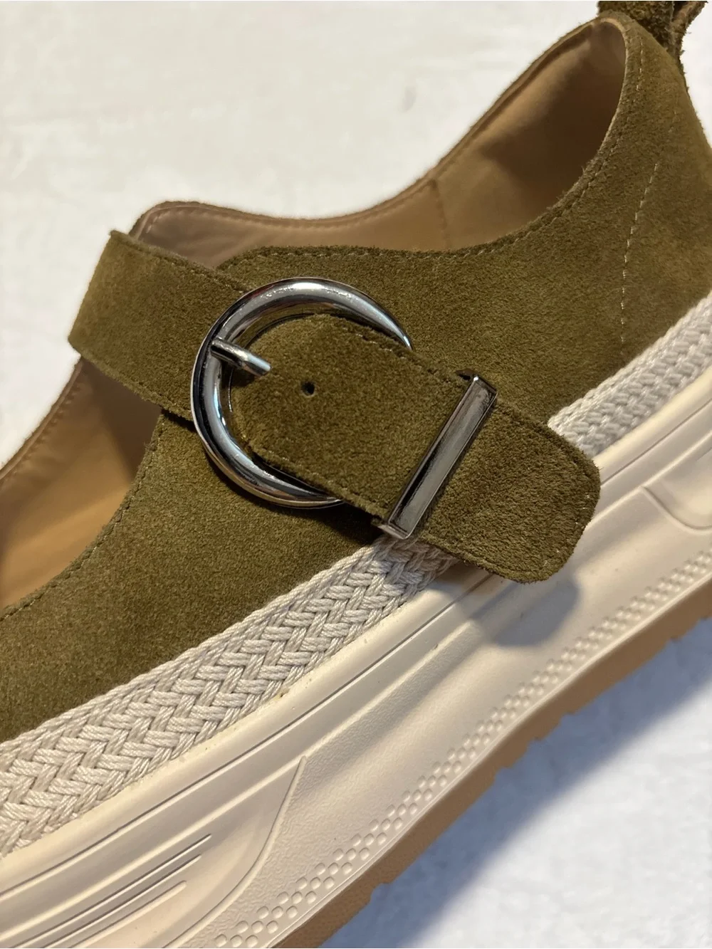 SUEDE MARY JANES | Women’s Platform Shoes in Olive and Cream - Knit Toe w/Buckle